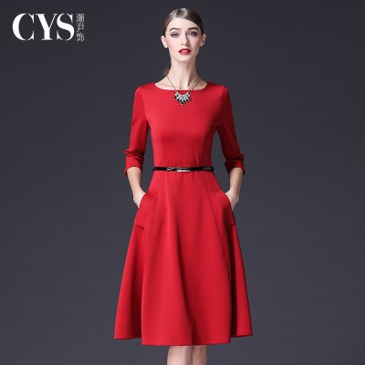 红色长袖连衣裙2022早春新款女装赫本风收腰显瘦气质修身年会裙子