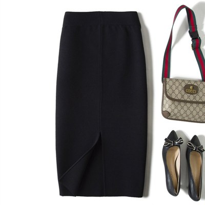 2021秋冬新款黑色羊毛针织一步裙包臀半身裙中长款毛线长裙女春季