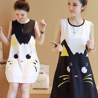 2022夏季新款韩版时尚宽松无袖印花连衣裙卡通小清新a字娃娃裙女