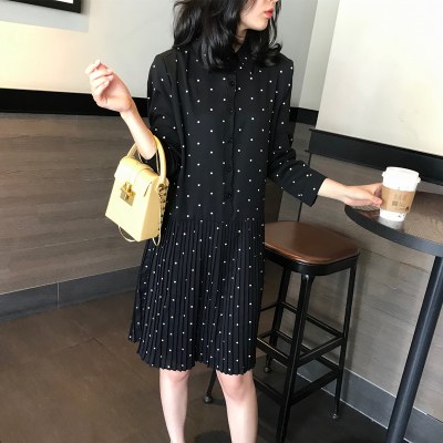 2021春款ulzzang女装长袖波点雪纺梗桔连衣裙法式小众直筒百褶裙