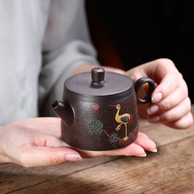 宜兴紫砂壶纯全手工原矿黑金砂汉瓦壶石瓢壶泥绘家用泡茶壶具特价