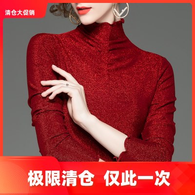 时尚亮丝打底衫女长袖T恤冬季新款洋气红色修身网纱上衣百搭小衫