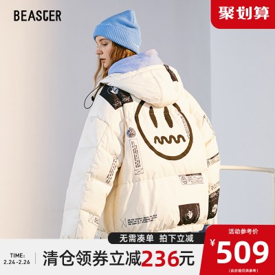 BEASTER小恶魔鬼脸连帽羽绒服男印花国潮白鸭绒休闲防风保暖外套
