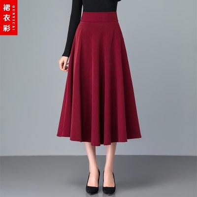 半身裙女春秋新款高腰显瘦红色秋冬A字裙大码过膝大摆中长款裙子