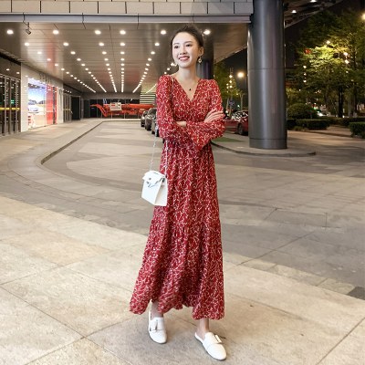 2022年春秋新款长袖连衣裙女收腰显瘦气质雪纺大摆长裙碎花裙子仙