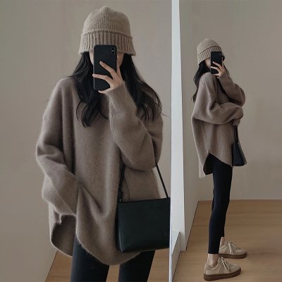 胖妹妹秋装新款大码女装宽松显瘦遮肚子开叉针织毛衣连衣裙200斤